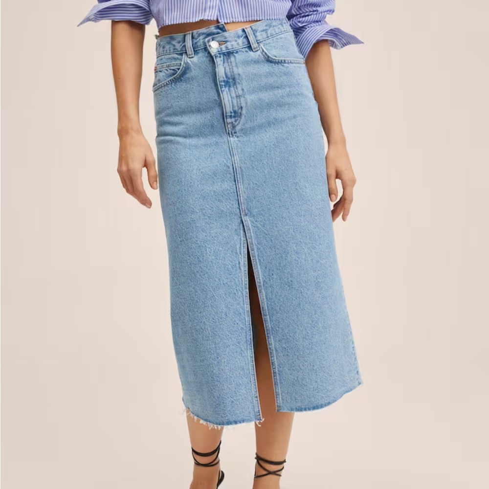 Mango Front Slit Asymmetrical Waist Denim Skirt